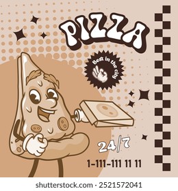 Poster with a retro pizza character design template. Trending groovy style. Vector illustration.