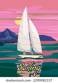 Poster retro Sailing Time to Travel sailing ship on the ocean, sea, severe captain. Rock mountain seascape travel. Vector illustration vintage