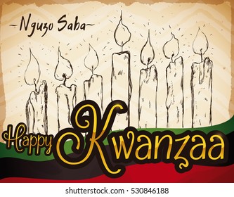 Poster with a retro scroll with a hand drawn candles and waving flag for Kwanzaa celebration of the Seven Principles of African Heritage (or Nguzo Saba).