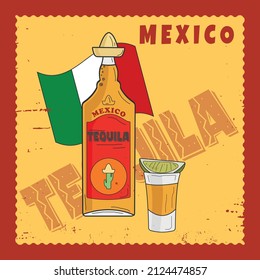 A poster in retro style, Mexican tequila, with the inscription in the background