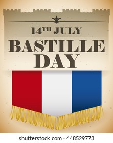 Poster in retro style remembering the Storming of the Bastille with a French flag and golden fringes.