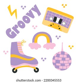 Poster in retro style with roller skates, casetor and rainbow. Postcard in the style of the 60s 70s. Vector illustration.