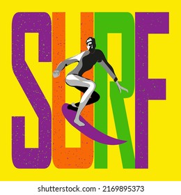 Poster in retro style with surfer silhouette on "Surf" word