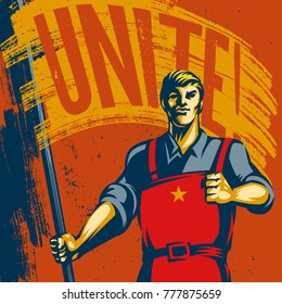 Poster Revolution. Propaganda Background Style. Revolution raising The Flag.