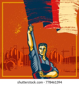 Poster Revolution. Propaganda Background Style. Revolution Raising The Flag.