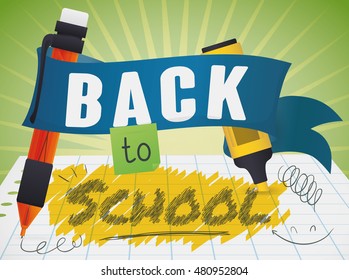 Poster with a ribbon around a marker, a mechanic pencil and some drawing  doodles in a notebook for Back to School.
