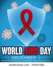 Poster with ribbon inside a glowing shield, promoting awareness and prevention against HIV virus in World AIDS Day commemoration.