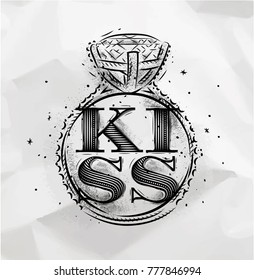 Poster ring lettering kiss drawing on dirty paper background