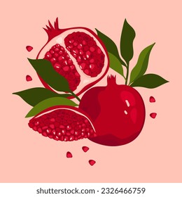 poster with ripe pomegranates. whole and chopped pomegranate with pieces of grains and leaves. cozy poster in red colors.