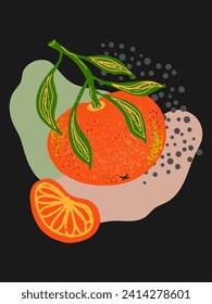 Cartel con tangerinas maduras y elementos abstractos. Fondo de color mano. Fondo del vector, postal, composición