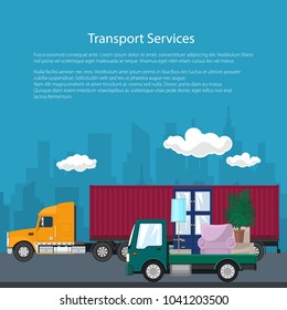 Poster of Road Transport and Logistics, Cargo Truck and Lorry with Furniture go on the Road, Shipping and Freight of Goods, Flyer Brochure Design, Vector Illustration