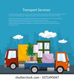 Poster of Road Transport and Logistics, Small Covered Truck and Lorry with Furniture go on the Road, Shipping and Freight of Goods, Flyer Brochure Design, Vector Illustration