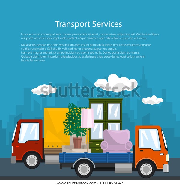 Poster of Road\
Transport and Logistics, Small Covered Truck and Lorry with\
Furniture go on the Road, Shipping and Freight of Goods, Flyer\
Brochure Design, Vector\
Illustration