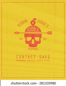 Poster - Robin Hood's bobble - design logotype for t-shirt print with skull and textures. On a yellow grange background - vector illustration.