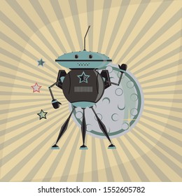 poster with a robot on the background of the planet. striped background. space theme.
