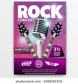 Poster for a rock concert  with guitars and microphone on pink background. Vector