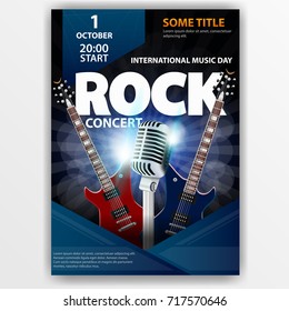 Poster for a rock concert "International music day" with guitars and microphone on blue background. Vector