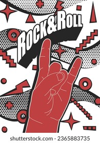 Poster for rock events and parties with the horns gesture used in rock and heavy metal, in bright colors on an abstract background and bold typography.