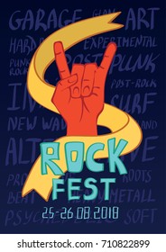 Poster for rock music festival. Hand in rock n roll sign, rock gesture. Vector illustration.