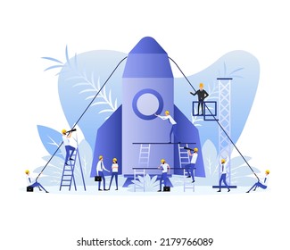 Poster with rocket people. Startup company launch concept, flat tiny person vector illustration