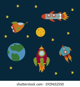 Poster of a rocket with planets. Bright rockets in the Solar system. Pattern for children's textiles. The Earth and the moon in a circle of stars and rockets. . Vector illustration