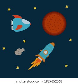 A poster with a rocket and a shuttle. Cartoon space shuttles in the Solar System. Pattern for children's textiles. Vector Shuttle, Rocket, Satellite, UFO. Vector illustration