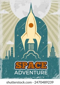 Foto del concepto de lanzamiento del cohete del cartel en el transbordador volador de la exploración del espacio exterior del estilo retro