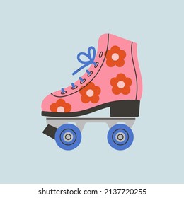 Poster with roller skates. Shoes with cute flower print. Sport and disco. Retro fashion style from 80s. Vector illustration in trendy colors. Hand drawn style. 
