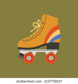 Poster with roller skates. Shoes with cute print of rainbow. Sport and disco. Retro fashion style from 80s. Vector illustration in trendy colors. Hand drawn style. 