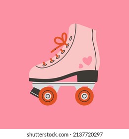 Poster with roller skates. Shoes with cute print of hearts. Sport and disco. Retro fashion style from 80s. Vector illustration in trendy colors. Hand drawn style. 