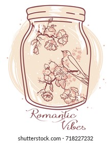 Poster for romantic vibes, magical jar with blooming branches and bird, sketch style, vector illustration