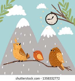 Poster for room or book magic storie about cartoon birds in magical world. Cute handdrawn scene with animals for kids