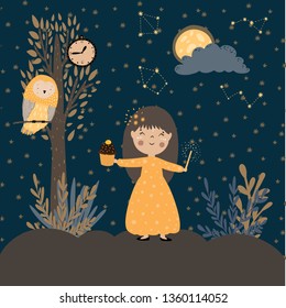 Poster for room or book magic story about Wizard Girl in magical night with owl on tree. Cute handdrawn scene for kids