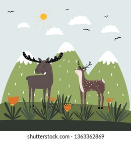 Poster for room or book magic story about moose boy anddeer girl in magical meadow. Cute handdrawn scene for kids
