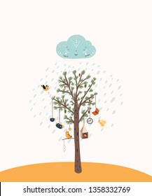 Poster for room or book story about cartoon magical tree with objects and animals birds. Cute handdrawn fantasy scene for kids