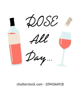 Poster with Rose Wine and lettering. Hand drawn vector illustration.