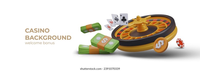 Poster with roulette wheel, playing cards, banknotes, red chips and coins. Placard with place for text. Fortune chance concept. Vector illustration in 3D style