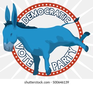 Poster with round button and blue donkey supporting the Democrat vote in the next elections in U.S.A.