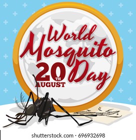 Poster with round button with globe and greeting text smashing a mosquito, symbolizing the fight against mosquitoes and diseases in World Mosquito Day.