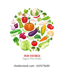 Poster round composition with colorful vegetables for farmers market menu design. Healthy food concept. Vector illustration.