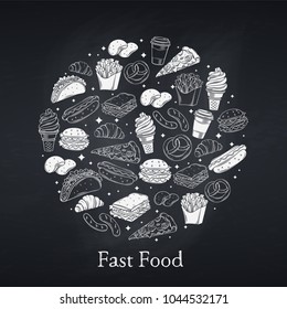 Poster round composition with hand drawn fast food for cafe menu design. Vector vintage illustration Chalkboard style.