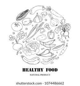 Poster round composition with hand drawn sketch  fresh vegetables : Carrots,cabbage,onion,garlic,pepper,tomato,cucumber,zucchini, eggplant and  Corn, mushrooms 