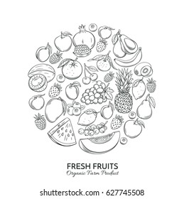 Poster round composition with hand drawn fruits for farmers market menu design. Healthy food concept. Vector vintage illustration.