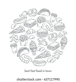 Poster round composition with hand drawn fast food for cafe menu design. Vector vintage illustration