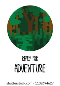 Poster with a Round Image of the Forest, Grass and a Path in Flat Design with Black Lettering "Ready for Adventure" under on the White Background.