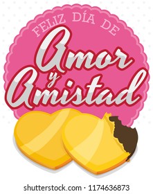 Poster with round label, greeting and delicious heart shaped chocolate coins with golden envelope to celebrate the Love and Friendship Day (written in Spanish).