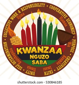 Poster with round label with the Seven Principles of African Heritage (or Nguzo Saba) and traditional candles, corn, cup and flag of Kwanzaa celebration.