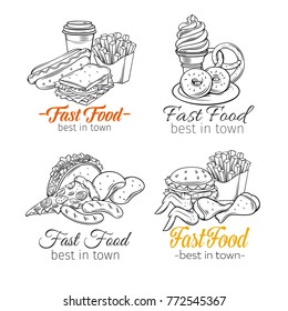 Poster round template with fast food for menu design. Vector hand drawn illustration with snacks, hamburger, fries, hot dog, tacos, coffee, sandwich, ice cream in sketch style.