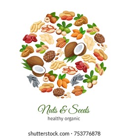 Poster round template with nuts and seeds. Cola nut, pumpkin seed, peanut and sunflower seeds. Pistachio, cashew, coconut, hazelnut and macadamia. Vector illustration.