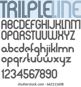 Poster rounded black font and numbers on white background, letters with triple parallel lines.